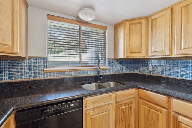 3931 Roma Ct, Rockwall, TX 75087 - kitchen with black dishwasher, light brown cabinetry, a sink, and dark countertops
