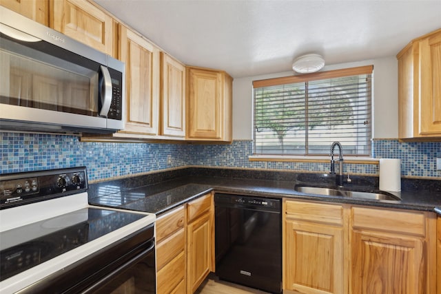 3931 Roma Ct, Rockwall, TX 75087 - kitchen featuring electric range oven, stainless steel microwave, dishwasher, a sink, and light brown cabinetry