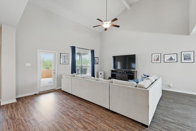 1616 Mackinac Dr, Crowley, TX 76036 - living room with dark wood-style flooring, baseboards, ceiling fan, and high vaulted ceiling