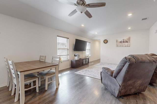 living area featuring recessed lighting, baseboards, visible vents, ceiling fan, and wood finished floors