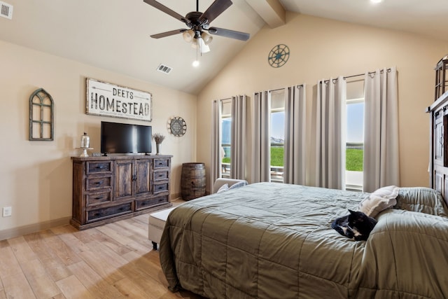 bedroom featuring high vaulted ceiling, beamed ceiling, light wood-style floors, and visible vents