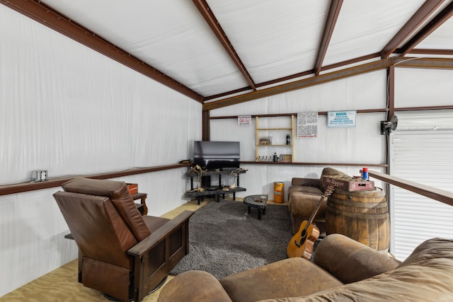 living room with carpet flooring and vaulted ceiling with beams