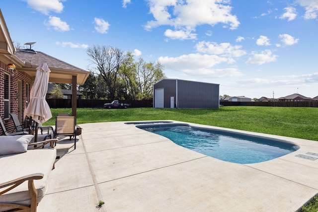 view of swimming pool featuring a lawn, a fenced backyard, a fenced in pool, and a patio
