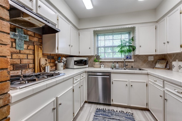 kitchen featuring a sink, stainless steel appliances, white cabinetry, and under cabinet range hood
