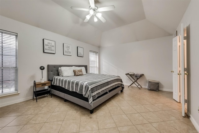 4122 Cory Lee Ct, Arlington, TX 76015 - bedroom featuring vaulted ceiling, light tile patterned flooring, and ceiling fan