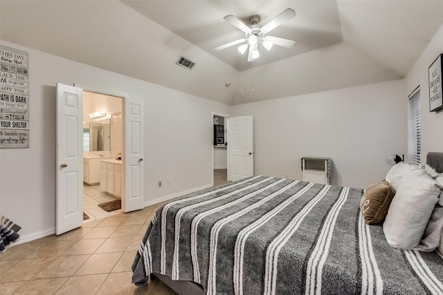 4122 Cory Lee Ct, Arlington, TX 76015 - bedroom featuring light tile patterned floors, connected bathroom, a ceiling fan, and lofted ceiling