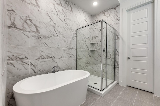 1716 Bradford Pear Way, Celina, TX 75078 - full bath with a stall shower, a soaking tub, tile patterned flooring, and recessed lighting