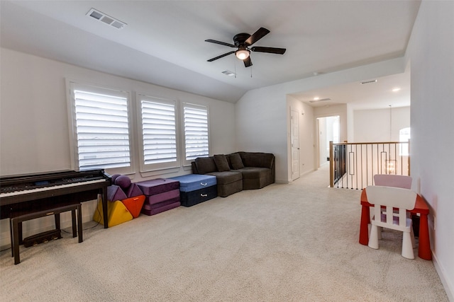 1716 Bradford Pear Way, Celina, TX 75078 - recreation room with ceiling fan, carpet floors, and vaulted ceiling