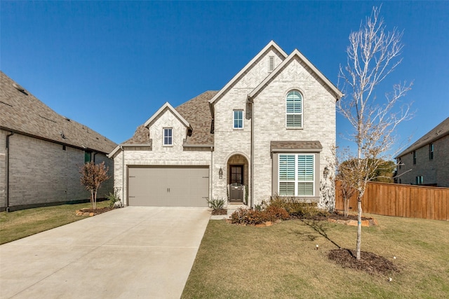 1716 Bradford Pear Way, Celina, TX 75078 - french country inspired facade with driveway, an attached garage, brick siding, and roof with shingles