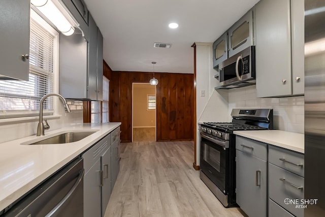 kitchen with stainless steel appliances, gray cabinetry, a sink, decorative backsplash, and wood walls