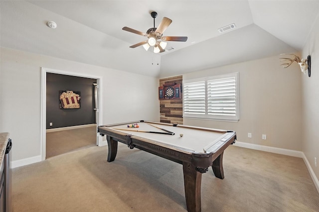 game room featuring vaulted ceiling, a ceiling fan, and light colored carpet