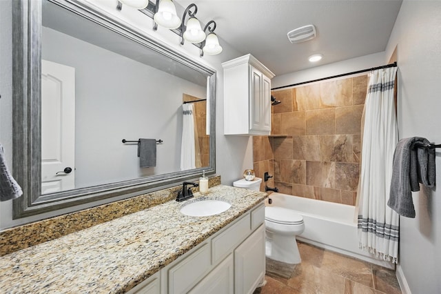 full bath featuring visible vents, toilet, shower / tub combo with curtain, and vanity