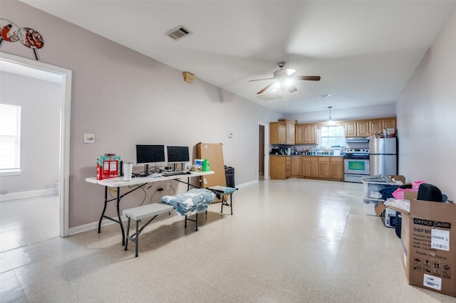 1207 Stafford St, Dallas, TX 75208 - office area featuring a ceiling fan, baseboards, and light flooring