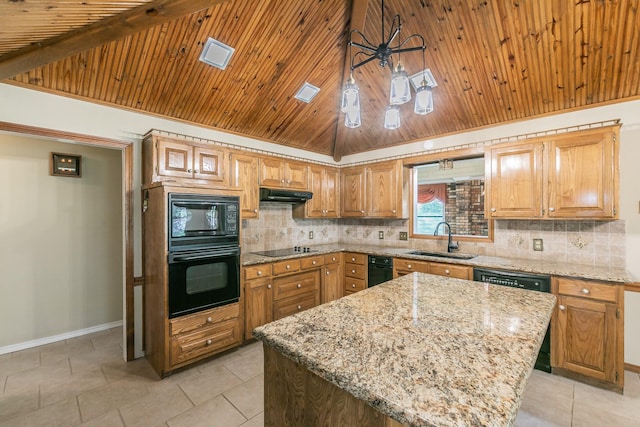 2111 Meadowview Dr, Keller, TX 76262 - kitchen featuring a sink, vaulted ceiling, wood ceiling, under cabinet range hood, and black appliances