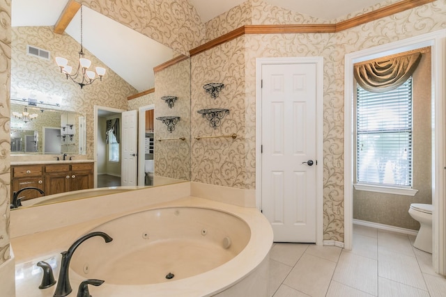 2111 Meadowview Dr, Keller, TX 76262 - full bath with toilet, vaulted ceiling, visible vents, a chandelier, and a jetted tub