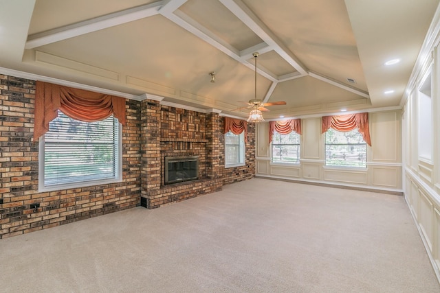 2111 Meadowview Dr, Keller, TX 76262 - unfurnished living room featuring vaulted ceiling, a brick fireplace, carpet, and ceiling fan