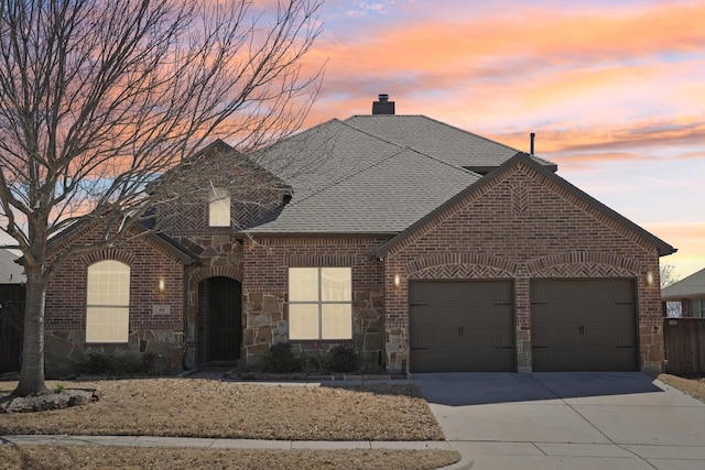 french country style house with concrete driveway, a chimney, an attached garage, brick siding, and a shingled roof