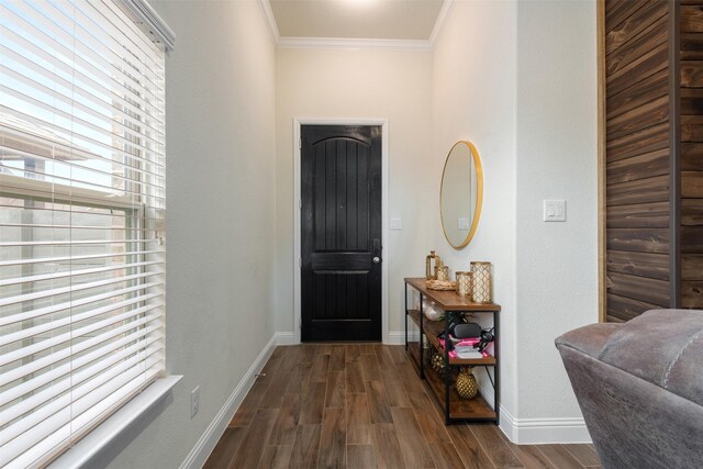 entrance foyer with crown molding, baseboards, and dark wood-style floors