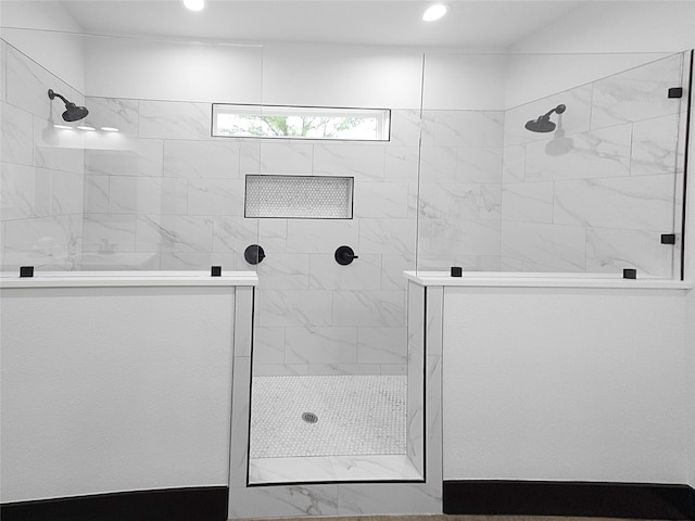 full bath with a shower stall and recessed lighting