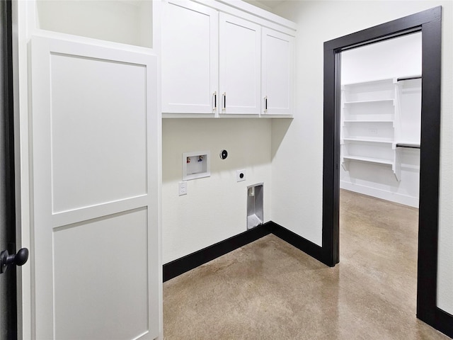 laundry room with cabinet space, baseboards, hookup for an electric dryer, and washer hookup
