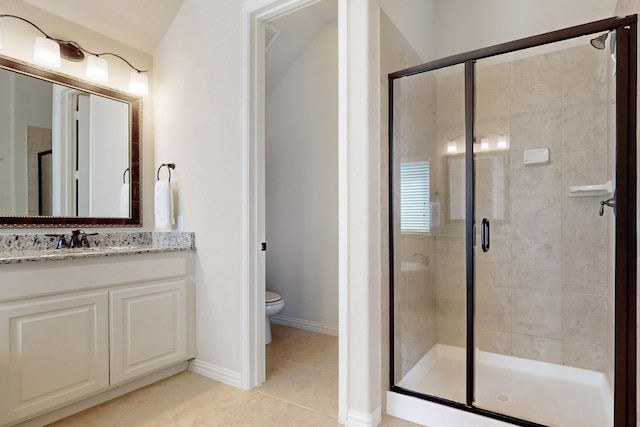 full bathroom featuring a shower stall, vanity, tile patterned flooring, and toilet