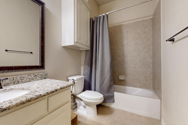 bathroom with tile patterned floors, shower / bathtub combination with curtain, vanity, and toilet