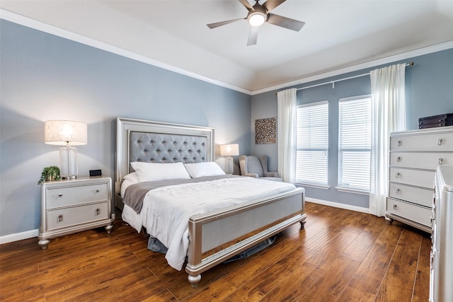 bedroom featuring ornamental molding, baseboards, and dark wood-style flooring