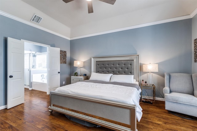 bedroom with crown molding, wood finished floors, ceiling fan, baseboards, and visible vents
