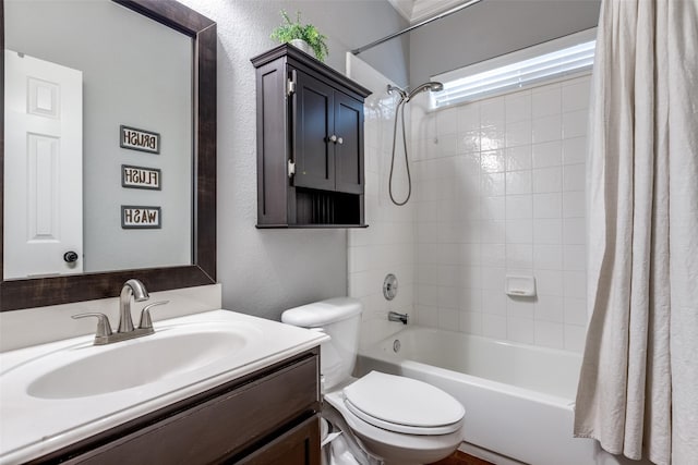 bathroom featuring toilet, a textured wall, vanity, and shower / bathtub combination with curtain