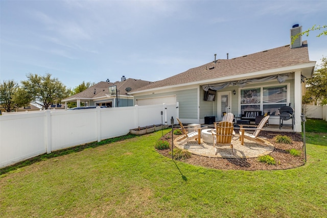 back of property with a fenced backyard, a patio, an outdoor fire pit, and a lawn