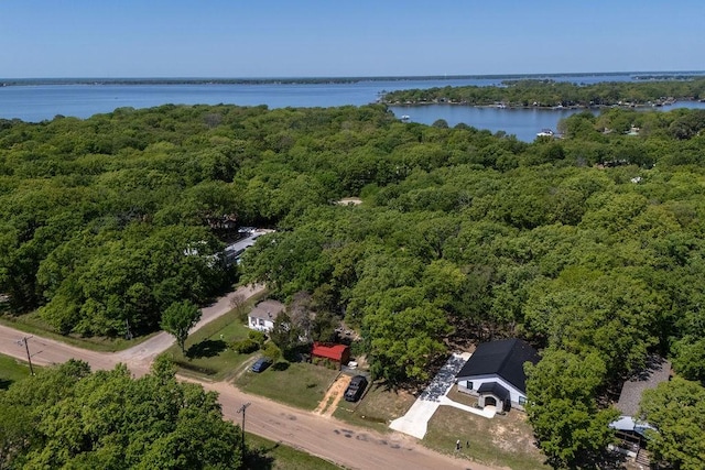 birds eye view of property featuring a water view and a forest view