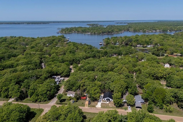 drone / aerial view featuring a wooded view and a water view