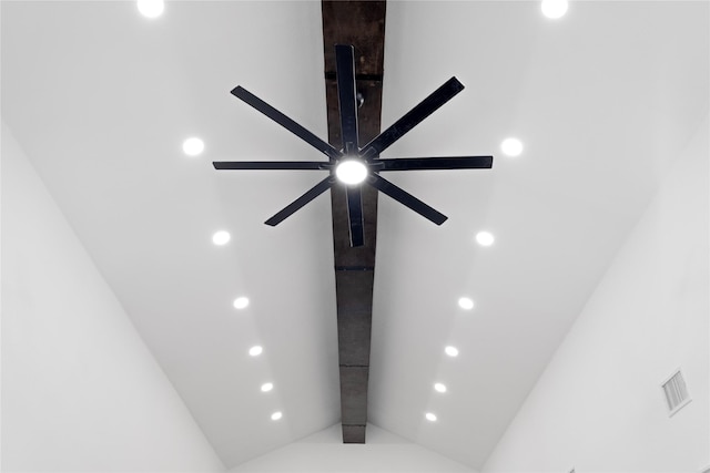interior details with a ceiling fan, visible vents, and recessed lighting