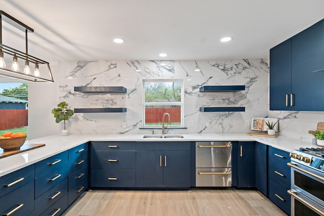 9035 Leaside Dr, Dallas, TX 75238 - kitchen featuring a sink, appliances with stainless steel finishes, blue cabinets, and recessed lighting