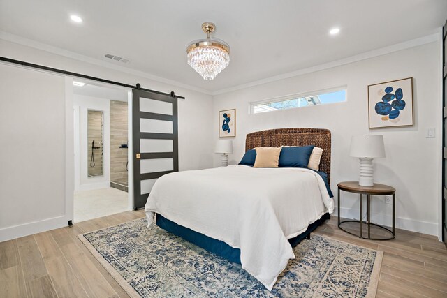 9035 Leaside Dr, Dallas, TX 75238 - bedroom featuring a barn door, crown molding, baseboards, light wood finished floors, and a chandelier
