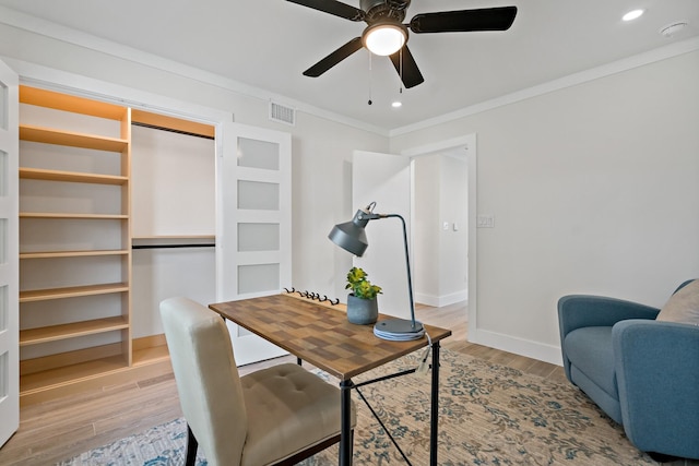 9035 Leaside Dr, Dallas, TX 75238 - office with light wood-type flooring, ceiling fan, baseboards, ornamental molding, and recessed lighting