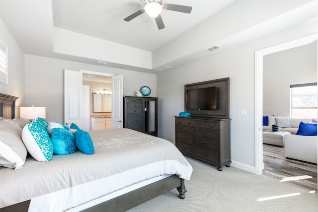 5841 Willow Ln, The Colony, TX 75056 - bedroom featuring carpet, ceiling fan, baseboards, and ensuite bath