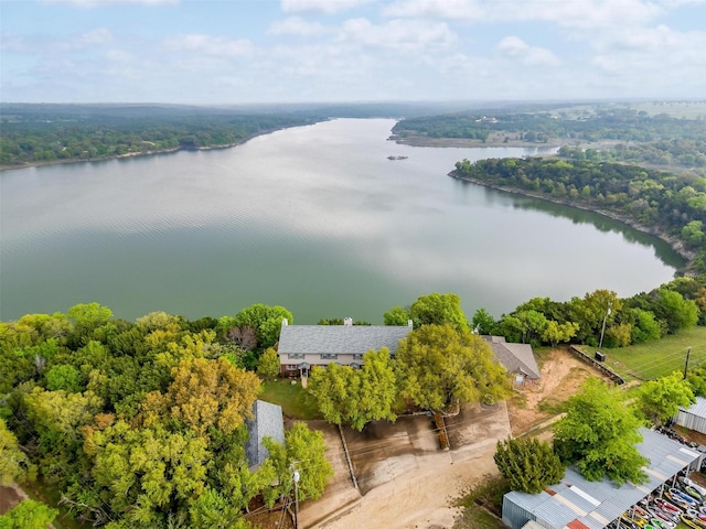 birds eye view of property featuring a view of trees and a water view