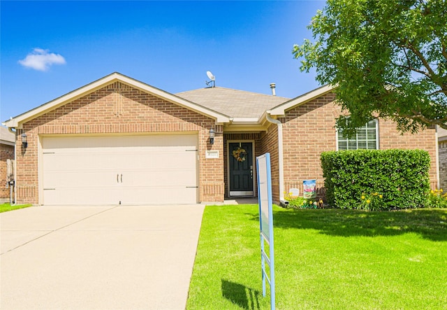 2122 Bluebell, Forney, TX 75126 - ranch-style house featuring brick siding, concrete driveway, a front lawn, and an attached garage