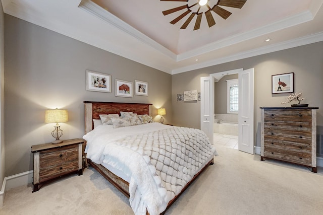 931 Willow Ct, Fairview, TX 75069 - bedroom featuring a raised ceiling, light carpet, ornamental molding, ensuite bath, and ceiling fan