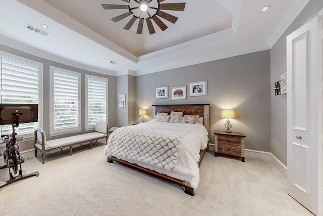 931 Willow Ct, Fairview, TX 75069 - bedroom featuring light carpet, ornamental molding, baseboards, a raised ceiling, and a ceiling fan