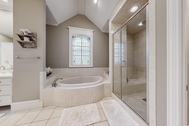 931 Willow Ct, Fairview, TX 75069 - full bathroom featuring tile patterned flooring, a garden tub, a stall shower, vanity, and lofted ceiling