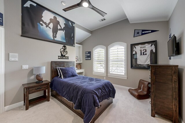 931 Willow Ct, Fairview, TX 75069 - bedroom with vaulted ceiling, ornamental molding, light colored carpet, baseboards, and ceiling fan