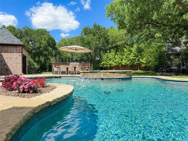 931 Willow Ct, Fairview, TX 75069 - outdoor pool with a gazebo, view of scattered trees, fence, and a hot tub