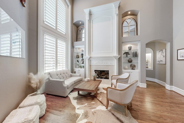 931 Willow Ct, Fairview, TX 75069 - living room with arched walkways, built in features, a glass covered fireplace, light wood-style floors, and a towering ceiling