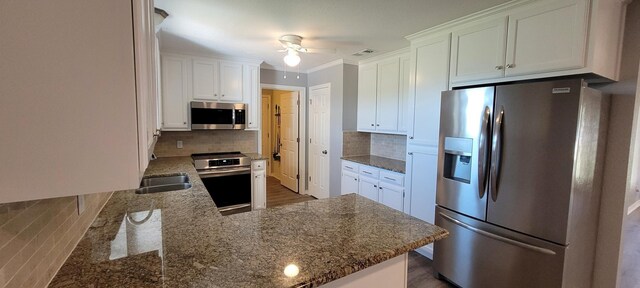 295 Goodnight Trl, Rhome, TX 76078 - kitchen with crown molding, backsplash, a ceiling fan, stainless steel appliances, and white cabinets