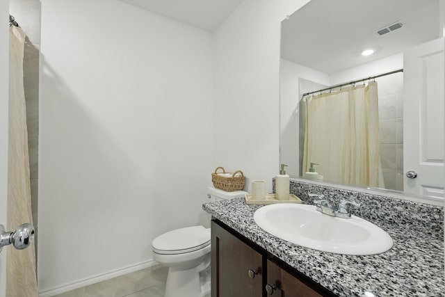 6436 Auburn Dale Rd, Pilot Point, TX 76258 - bathroom featuring vanity, tile patterned floors, toilet, baseboards, and curtained shower