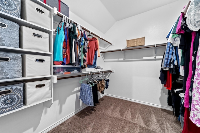 walk in closet with carpet flooring and vaulted ceiling
