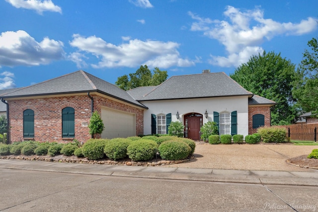 french country style house with brick siding, a garage, fence, and a shingled roof