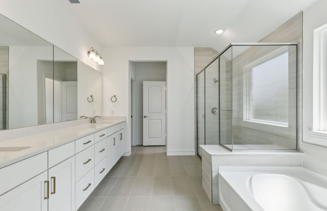 4360 Noble Ln, Midlothian, TX 76065 - full bathroom with baseboards, a sink, a shower stall, tile patterned flooring, and double vanity